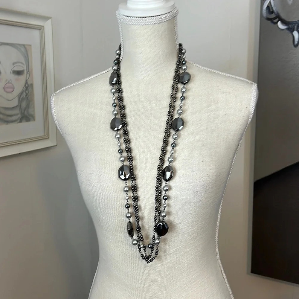 Black, Silver and Gray Layered Faux Onyx Styled Necklace